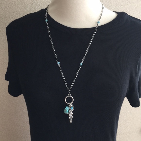 Boho Turquoise pendant silver tone long necklace. - Picture 2 of 4